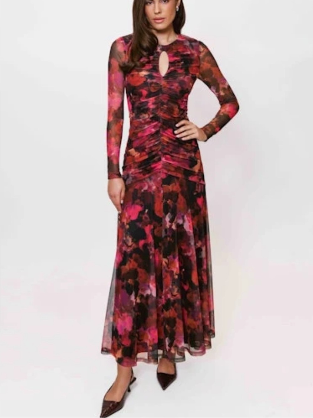 Hutch Ramy Dress Pink Multi Abstract Floral Ruched Mesh Maxi XXS NWT